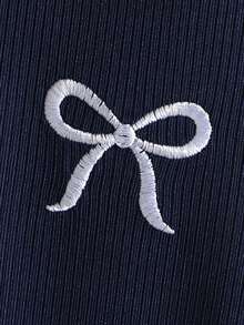 1件少女蝴蝶结刺绣Polo衫领褶皱下摆无袖连衣裙 - 藏蓝色 - 查看 2