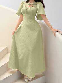 Feyla Women's Jacquard Tie Collar Elegant Cinched Waist Long Dress, Suitable For Party And Occasions - Mint Green - View 7