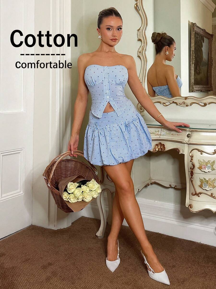 SHEIN Women's Elegant Sexy Strapless Striped Top And Floral Skirt 2 Pieces Set - Multicolor - View 1