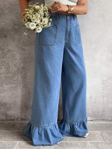 Sunnyshic Plus Size Solid Color New Ruffled Hem Loose Pocket Jeans - Blue - View 5