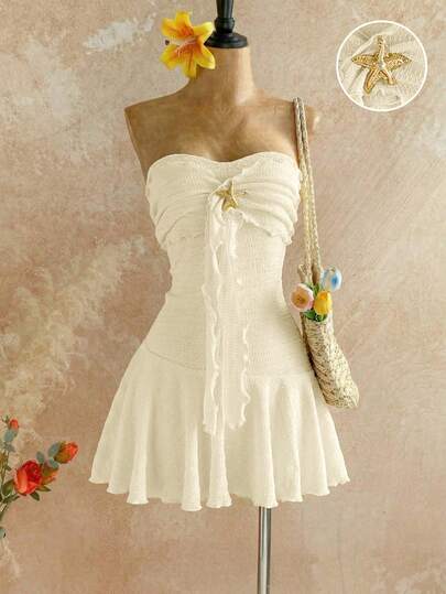 Sweetra Đầm ngắn nữ màu vàng dệt kim jacquard họa tiết sao biển kim loại, viền bèo nhún, thắt eo, phong cách bohemian thanh lịch, thích hợp dự tiệc, hẹn hò, thường ngày, đa năng, mùa xuân/hè.