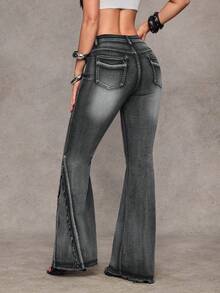 Jeanoix 女士Y2K时尚街头休闲通勤搭扣腰带毛边水洗喇叭牛仔裤 - 黑色 - 查看 2