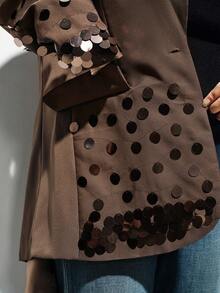 Aveloria Modichic Mocha Brown Suit Set For Women,Brown Polka Dot,Summer,Elegant,Party Night,Wide-Shoulder Blazer Jacket & Straight-Leg Pants,Handcrafted Metal Sequin - Brown - View 8