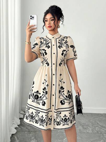 Elenzga 大码女士优雅复古印花连衣裙，短袖纽扣前襟A字连衣裙，适合日常通勤、外出、正式场合