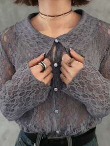 FRIFUL Women's Lace Long Sleeve Single-Breasted Fashion Top Fall - Dark Grey - View 2