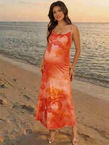 SHEIN 孕妇夏季海滩度假印花无袖连衣裙 - 橘色 - 查看 5