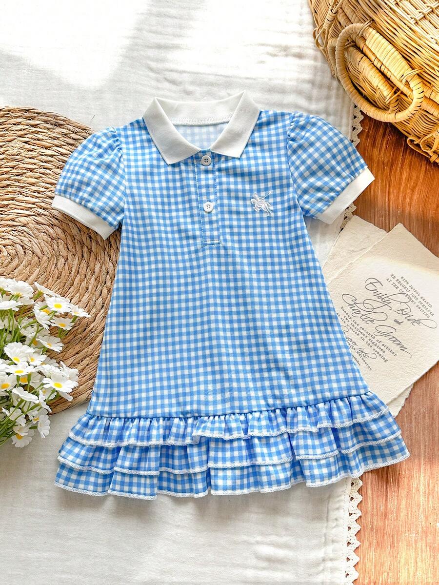 SHEIN Vintaside Kids 1 chiếc đầm ngắn tay kẻ caro cổ polo in hình cầu vồng dáng suông cho bé gái - Màu xanh lam - Xem 1