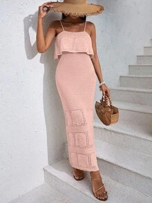 EURMUSE Women's Solid Color Vacation Style Openwork Knit Dress - Coral Pink - View 4