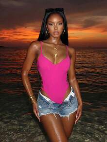 Slaydiva 1 bộ đồ bơi liền thân hở lưng gợi cảm màu trơn cho nữ, dành cho kỳ nghỉ hè ở bãi biển - Màu Hồng Tươi - Xem 2