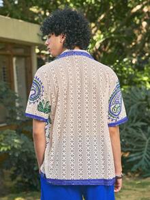 Open Phase 男女通用印花衬衫，黑白几何图案，波西米亚夏威夷风，情侣款，镂空格纹，休闲外向，年轻人款，休闲度假衬衫，情人节礼物，短袖，夏威夷风 - 杏色 - 查看 2