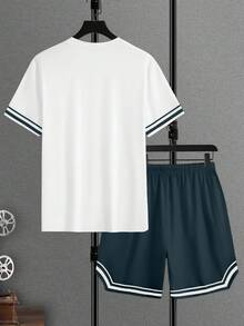 Manfinity Homme 男士圆领短袖T恤搭配抽绳短裤，休闲日常穿搭 - 彩色 - 查看 2