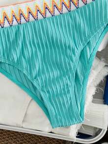 Swim Vcay Turquoise Strap Bikini Set, Special Fabric Beach Vacation Summer Casual - Blue - View 4