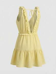 Franclia Women's Summer Light Yellow 100% Cotton Halter Cross Back V-Neck Ruffled Mini Dress,Classy Multi-Layer Ruched Slim-Fit Beach Vacation Holiday Dress - Pale Yellow - View 3