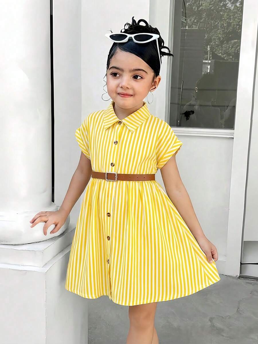 Elladie kids 女童春季宽松梭织落肩修身粉色条纹领纽扣衬衫裙,配时尚腰带,舒适休闲/度假装 - 黃色 - 查看 1
