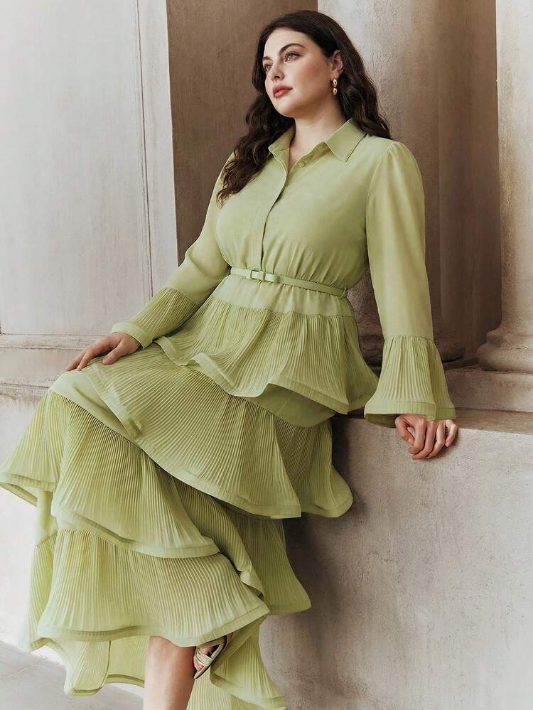 Plus Size Women's Solid Color Flare Sleeve Pleated Multi-Layer Ruffle Hem Elegant Dress