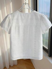 Elenzga Women's Spring/Summer Casual Vacation Solid Embroidered Floral Hollow V-Neck Ruffle Sleeve Pure White Suitable For Travel Short Sleeve Blouse - White - View 2