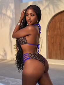 Slaydiva Vacation Sexy Lace-Up Leopard Print Bikini Set For Women - Blue - View 2