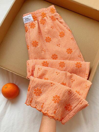 Comfortcana Nieuwe damesbroek met wijde pijpen, lente/zomer 2026: oranje, met ruitjespatroon en bloemenborduurwerk. Geschikt voor winter, Pasen, feestjes, strand, bruiloften, afstuderen, elegante, casual, vakantie, sport, formele gelegenheden, Y2K, zakelijke evenementen, pailletten, franjes, ruches, bloemen en grafische prints.