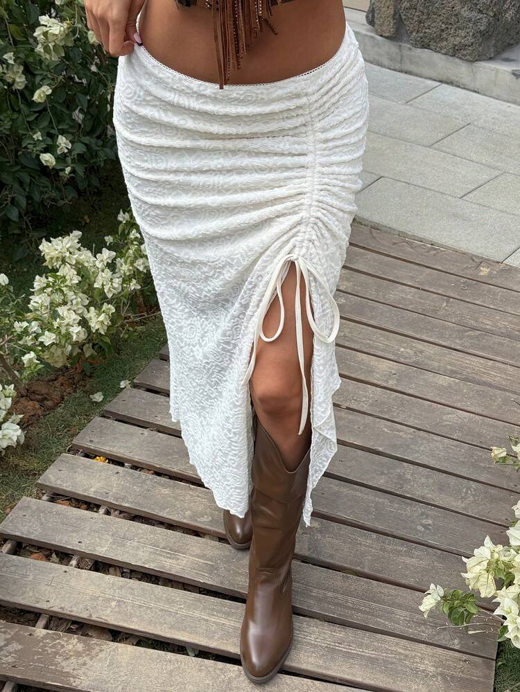 White Lace Drawstring Waist Skirt, Suitable For Beach Party, Holiday, Summer