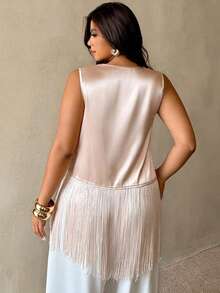Auralis New Summer Satin Fabric Plus Size Elegant Commuting Workplace Long Tassel Hem Casual Top / Collar Pleated Loose Collar Modern Elegant Shirt / New Asymmetrical Hem Loose Shirt Silk Top For Women Elegant Blouse For Women Casual Modern Latest Tops For Women New Arrivals Sleeveless Top Satin Top Fringe Top - Apricot - View 4