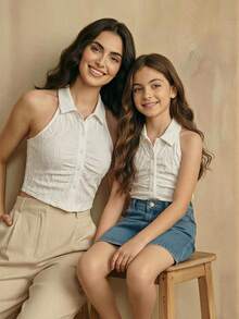 SHEIN 女童无袖翻领衬衫，白色纹理简约优雅时尚上衣，女童无袖衬衫背心夏季上衣，女童翻领衬衫，女童无袖衬衫，女童白色背心，女童翻领衬衫，女童白色衬衫，女童无袖衬衫，女童翻领衬衫，儿童白色衬衫，儿童白色上衣，白色青少年衬衫，女童衬衫，女童夏季衬衫，儿童衬衫 - 白色 - 查看 6