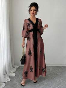 Rafferiza 女士拼接长袖印花休闲长裙，优雅女士裹身连衣裙，女士正式礼服，复古连衣裙，最新款连衣裙 - 深棕色 - 查看 5