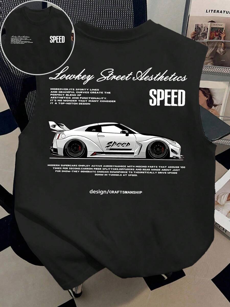 Manfinity Dauomo Camiseta de tirantes casual con logo de coche impreso para hombre, verano - Negro - Ver 1