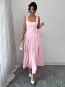 Rafferiza Women's Fashionable Sleeveless Square Neck Single-Breasted Vest And Pleated Flared Skirt 2-Piece Set, Versatile Daily Wear - Baby Pink - View 3