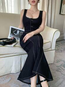 DAZY 复古水洗黑色收腰修身拼接装饰鱼尾裙，适合音乐节、情人节、婚礼、休闲度假等场合。 - 黑色 - 查看 10