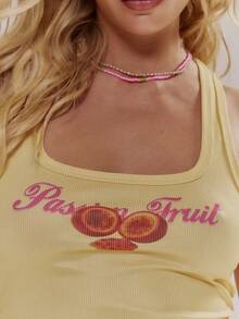 MUSERA Áo ba lỗ cổ vuông in họa tiết "chanh dây" ôm dáng, thích hợp cho mùa xuân hè, dễ thương, nữ tính, đi nghỉ mát, đi biển, mặc hàng ngày, phong cách sorbet. - Màu vàng - Xem 6