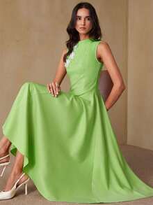 BELROSIE Fashionable French Design Sense Commuting Cinched Waist 3D Floral Sleeveless Dress - Green - View 1