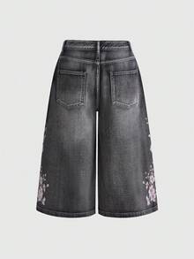 ROMWE Grunge Punk Quần lửng denim nữ mùa hè 2026, họa tiết hoa anh đào và chữ cái, quần short jeans ống đứng dáng rộng. - Xám - Xem 2