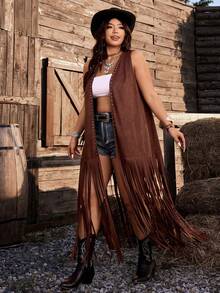 Plus Size Women's Western Style Long Beaded Fringe Sleeveless Jacket - Rust Brown - View 8