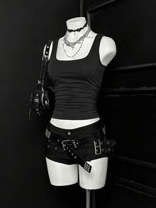 EgrlEra Áo tank top nữ màu trơn cổ vuông xếp ly ôm dáng thường ngày - màu đen - Xem 4