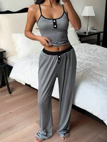 ZzzCrew Summer Decorative Button Striped Print Bodycon Knit Camisole & Leggings Set, Sexy Style - Black - View 5