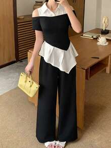 2pcs/Set Teenage Girls Asymmetric Hem Colorblock Off Shoulder Short Sleeve Shirt And Loose Straight Leg Pants Suit, Casual Commuter Outfit - Black and White - View 2