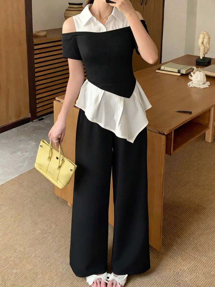 2pcs/Set Teenage Girls Asymmetric Hem Colorblock Off Shoulder Short Sleeve Shirt And Loose Straight Leg Pants Suit, Casual Commuter Outfit