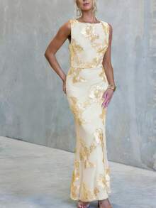 RiviMae 2026 New Women's Yellow Long Dress, Women's Mesh Dress, Women's Yellow Dress, Women's Summer Elegant Dress, Women's Summer Dress, Women's Summer Outfit, Women's Casual Dress, Women's Vacation Outfit, Women's Floral Dress, Summer Holiday Outfit - Butter Yellow - View 4