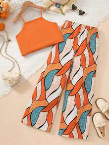 Sparklyn Tween Girls' Casual Everyday Ruffle Strap Top And Allover Print Pants Set, Summer - Multicolor - View 2