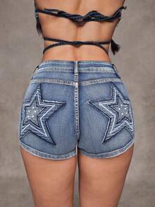 SHEIN Jeanoir Quần short denim nữ kiểu dáng Y2K thời trang thường ngày, họa tiết ngôi sao thêu, thích hợp cho kỳ nghỉ hè. - Màu xanh lam - Xem 2