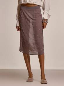 MUSERA 点缀水晶的薄纱低腰中长裙，春夏外出夜游场合假日性感可爱装饰 - 灰色 - 查看 2