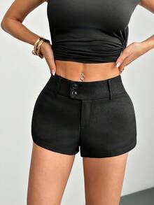 SHEIN PETITE Women's Fashionable Solid Color Low-Waist Shorts - Black - View 7