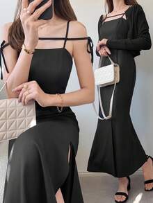 FRIFUL 女士春夏纯色系带蝴蝶结喇叭下摆修身连衣裙，百搭 - 黑色 - 查看 7