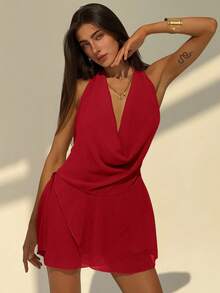 Aloruh New Sexy Backless Solid Color Halter Deep Draped Neck Asymmetrical Ruffle Hem Mini Dress, Suitable For Going Out,Red Dress - Red - View 6