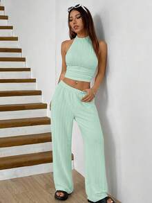 SHEIN EZwear 女士薄荷绿纹理面料露背吊带上衣和裤子套装，夏季海滩度假风 - 薄荷綠 - 查看 3