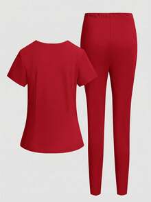 TaskEZ Solid Color V-Neck Short Sleeve Pocket Top And Pants Scrub Uniform Set - Red - View 4