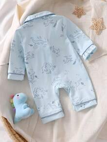 SHEIN Vintaside Kids 新生儿连脚睡衣，卡通恐龙印花图案，抽绳设计，面料柔软舒适 - 藍色 - 查看 2