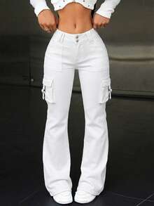 SHEIN ICON Women's Pocketed Button Casual Flare Jeans, Versatile For Daily Wear - White - View 5