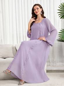 Al Najma Đầm Ả Rập dáng rộng thanh lịch dành cho nữ, chất liệu ren tan trong nước, kiểu dáng chắp vá, thích hợp cho mùa xuân/thu. - Màu Lilac Tím - Xem 6