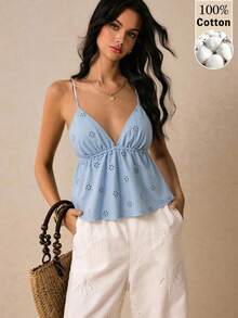 Poéselle 女士纯色镂空刺绣休闲吊带背心，夏季 - 藍色 - 查看 3